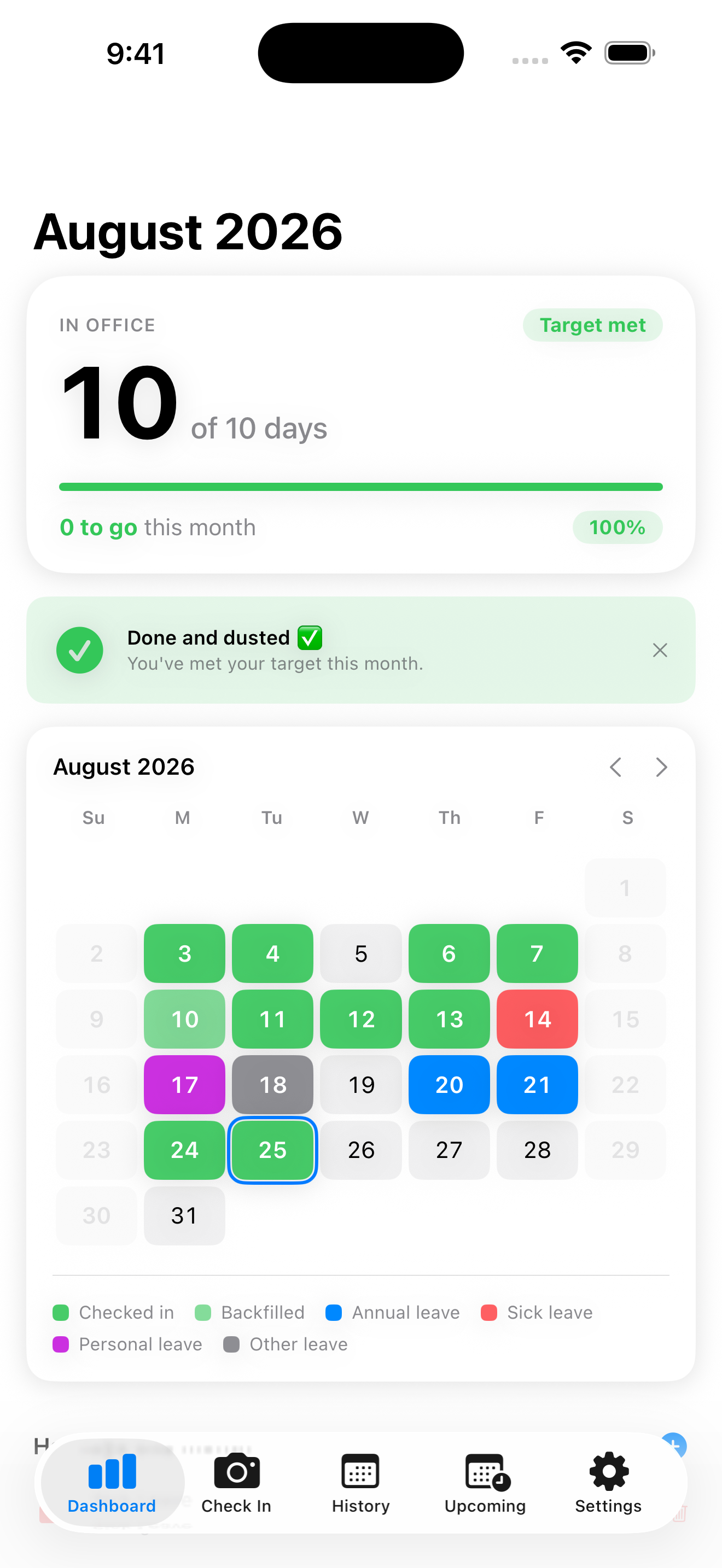 MyOfficeDays dashboard showing the month calendar and progress
